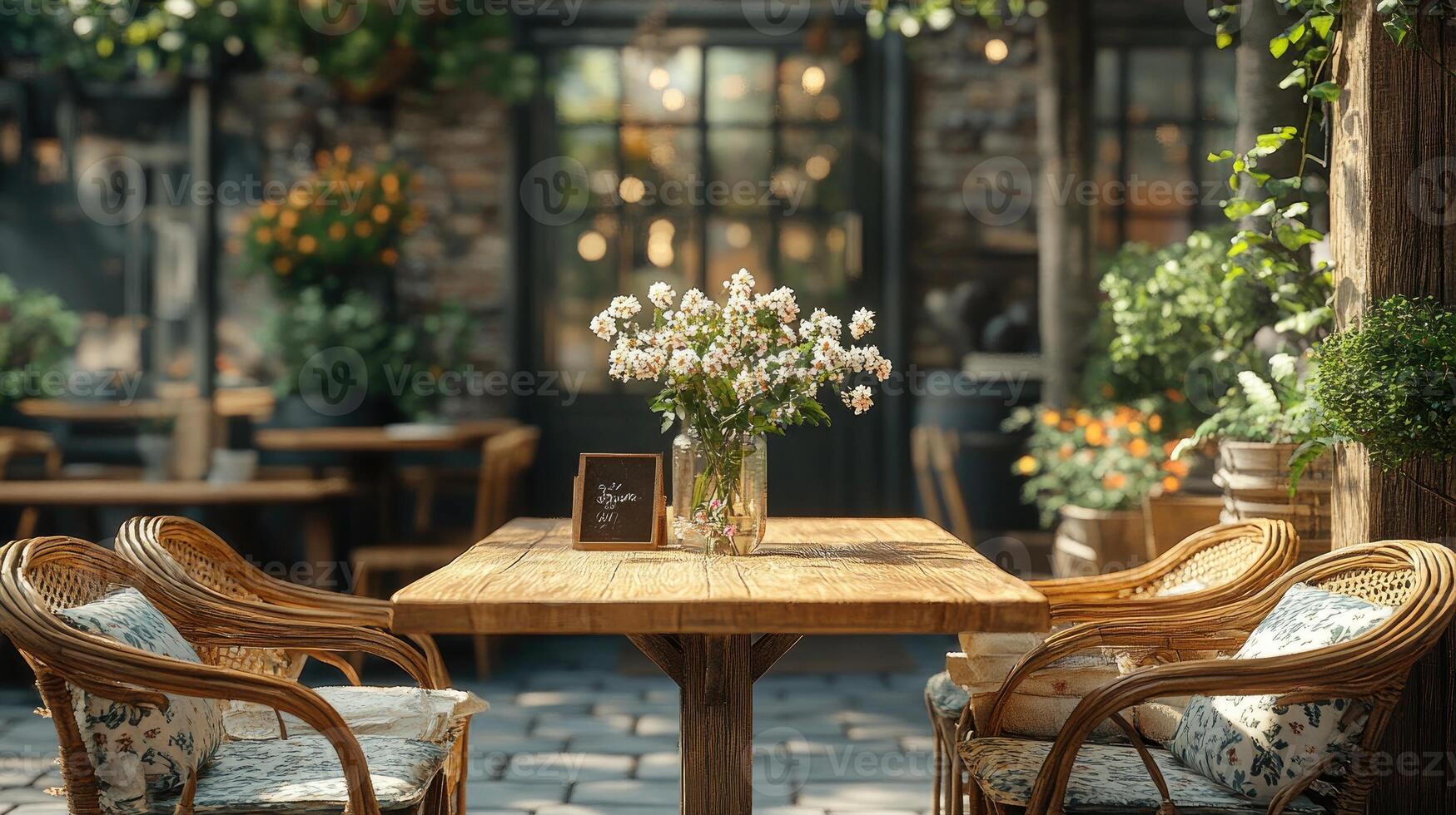 Empty table awaiting customers at outdoor cafe photo