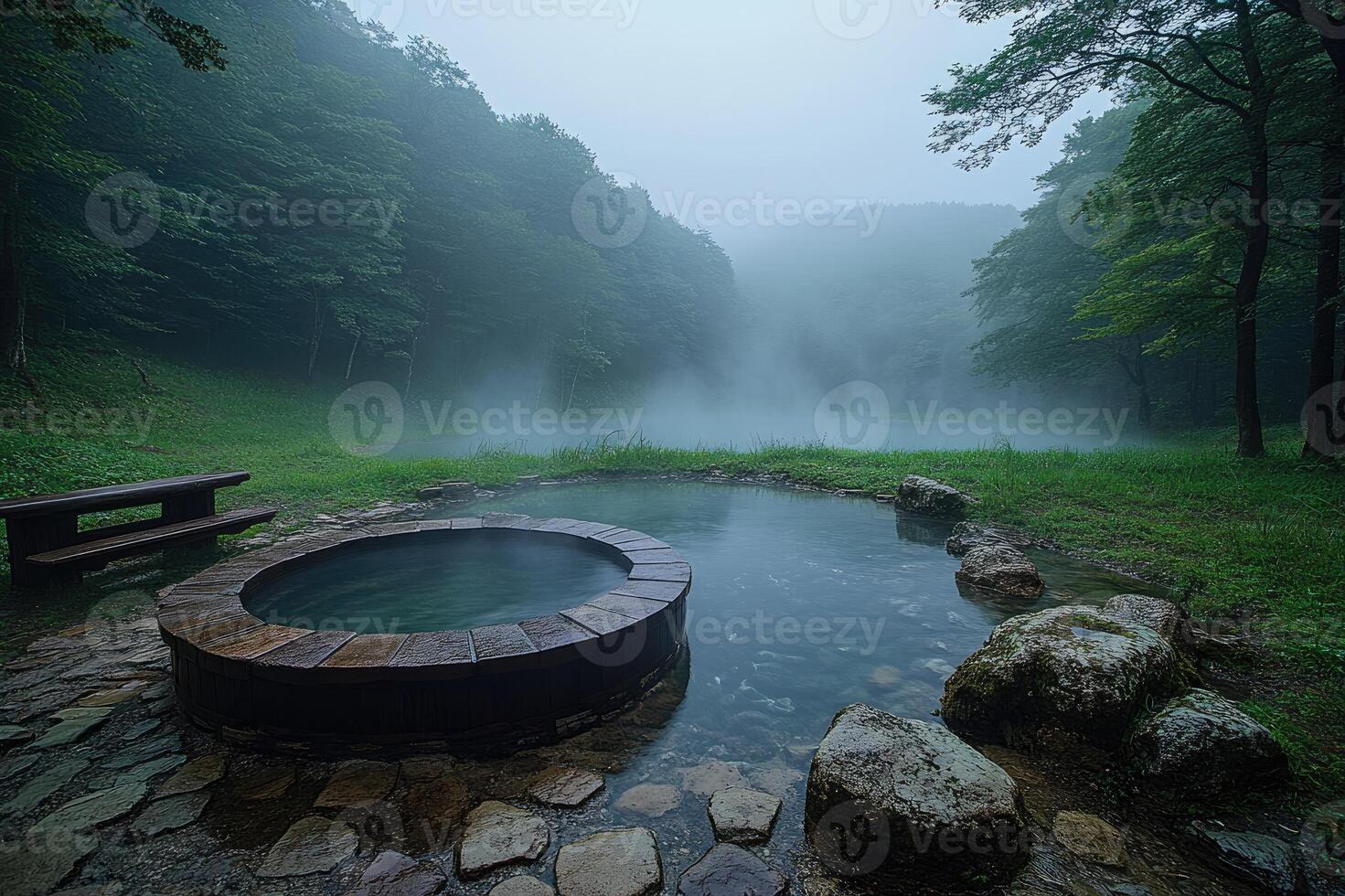 Natural pool reflecting fog surrounded by forest and mountains photo