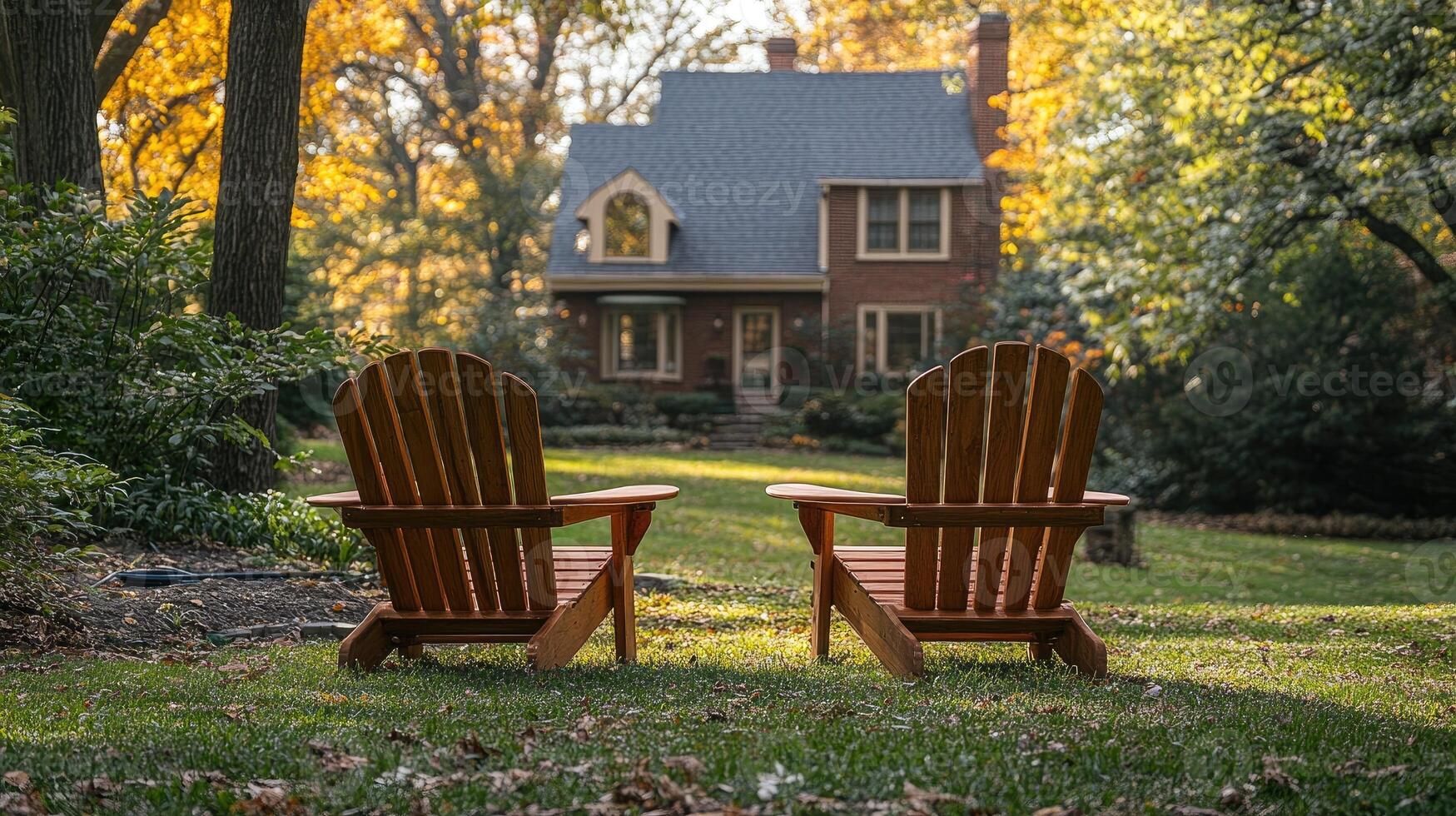 Two wooden chairs facing a beautiful house in autumn. photo