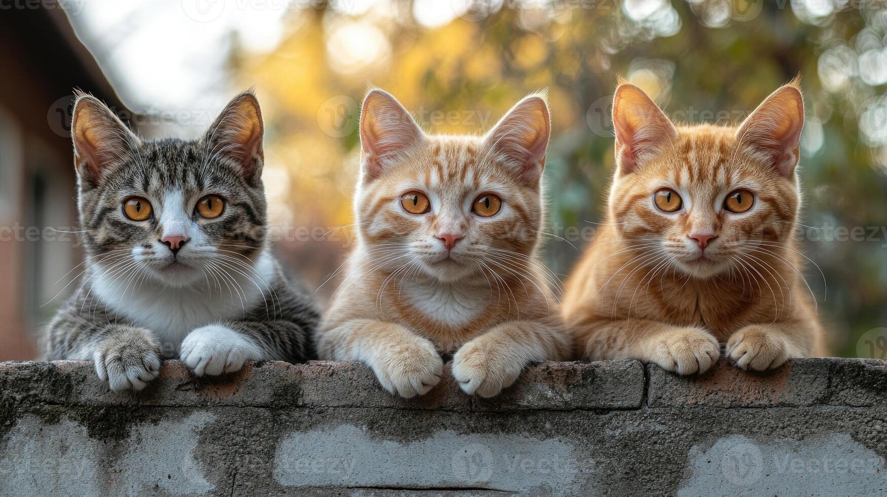 Three cats relaxing on stone wall in summer photo