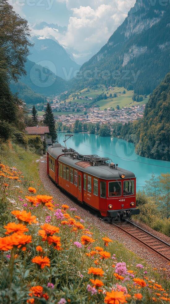 Colorful train in a picturesque valley with flowers. photo