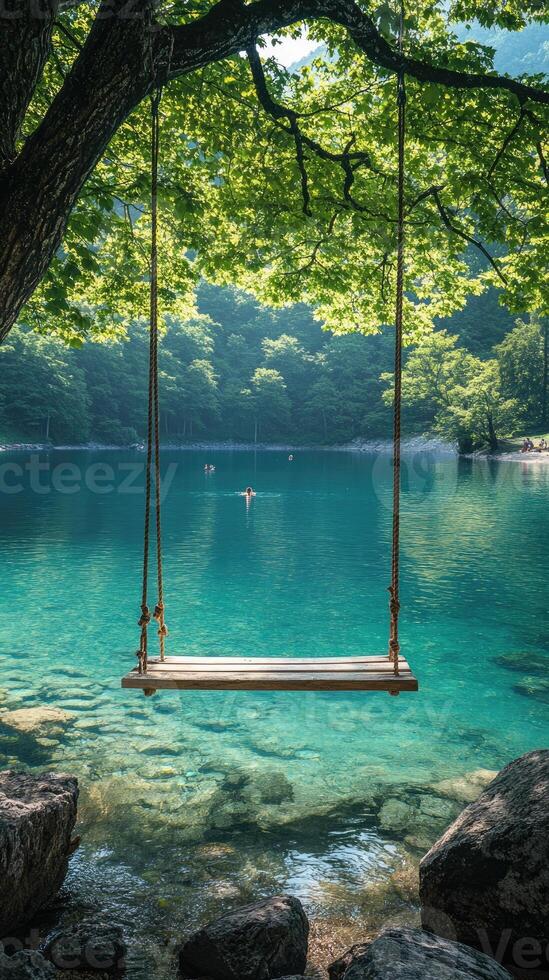 Tourists enjoying swimming on a sunny day in greece at the giola lagoon natural pool photo