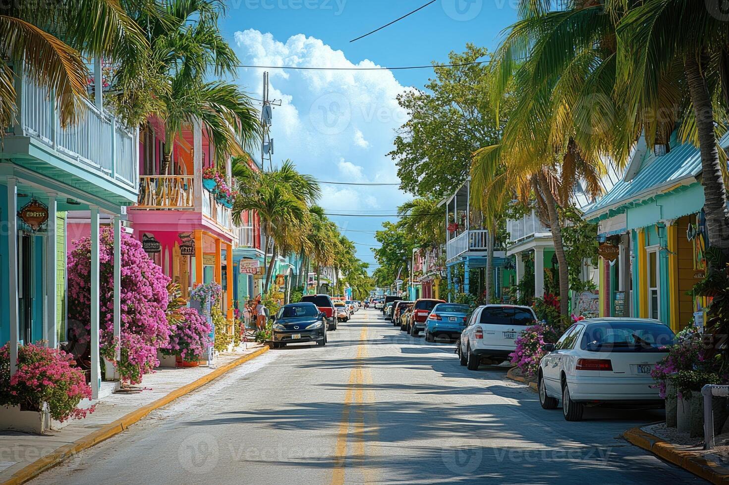 Charming beach alley with colorful shops and palm trees. photo