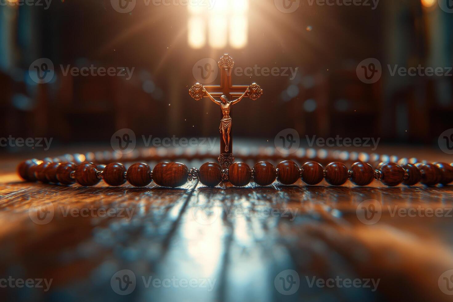 Wooden rosary beads with crucifix resting on rustic tabletop photo