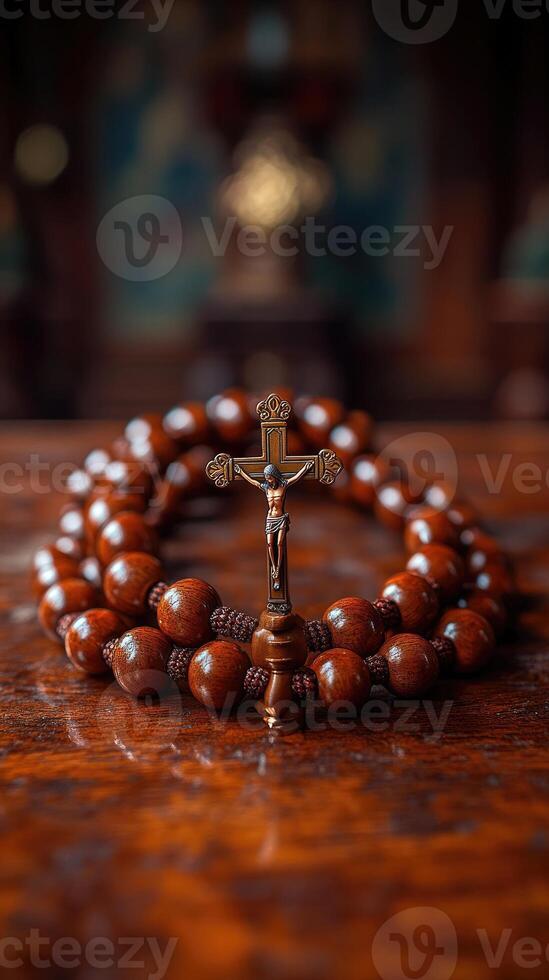 Wooden rosary beads with silver crucifix resting on tabletop photo