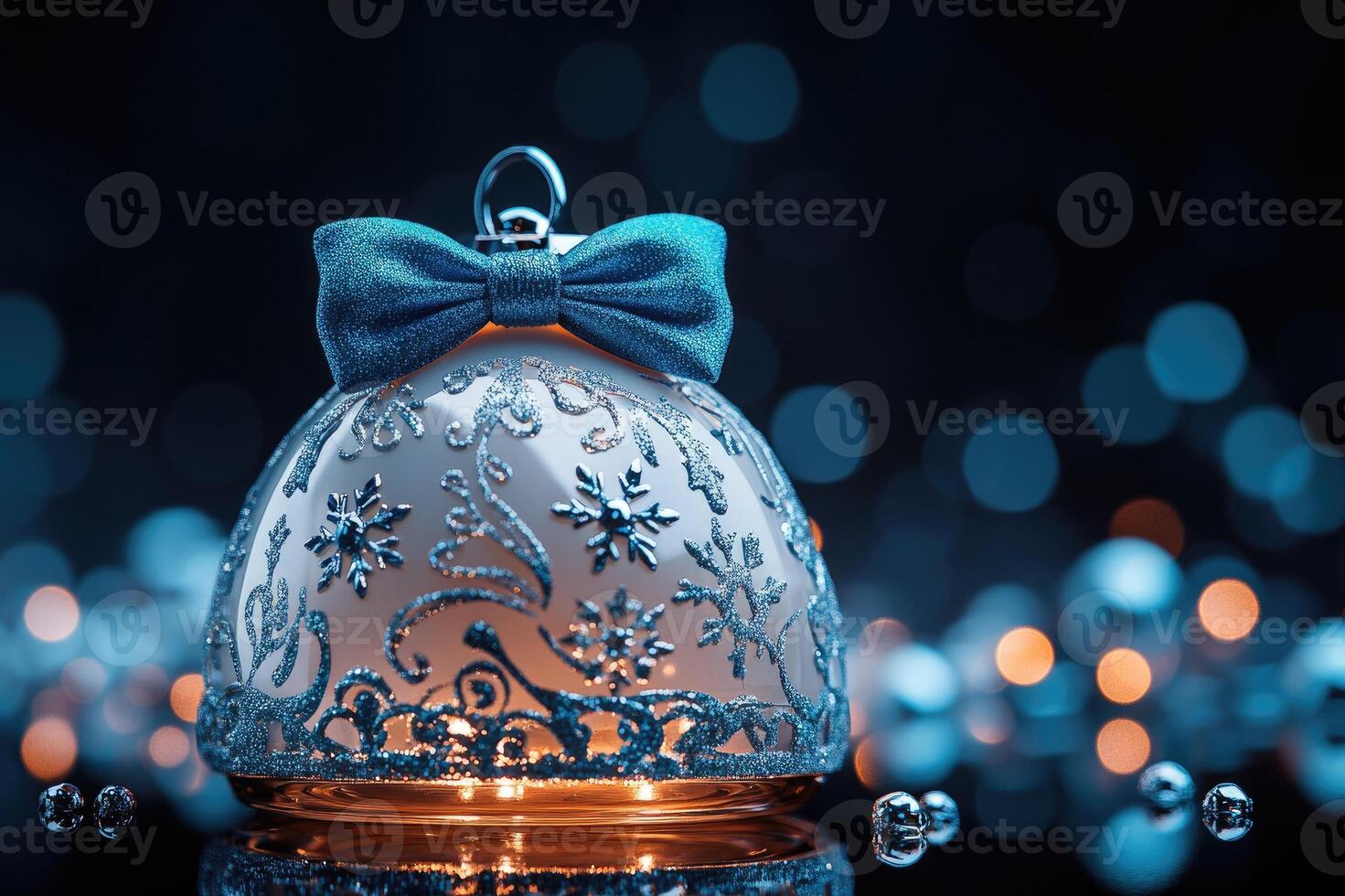 Christmas ornament with gold glitter and turquoise jewels standing on a black background photo