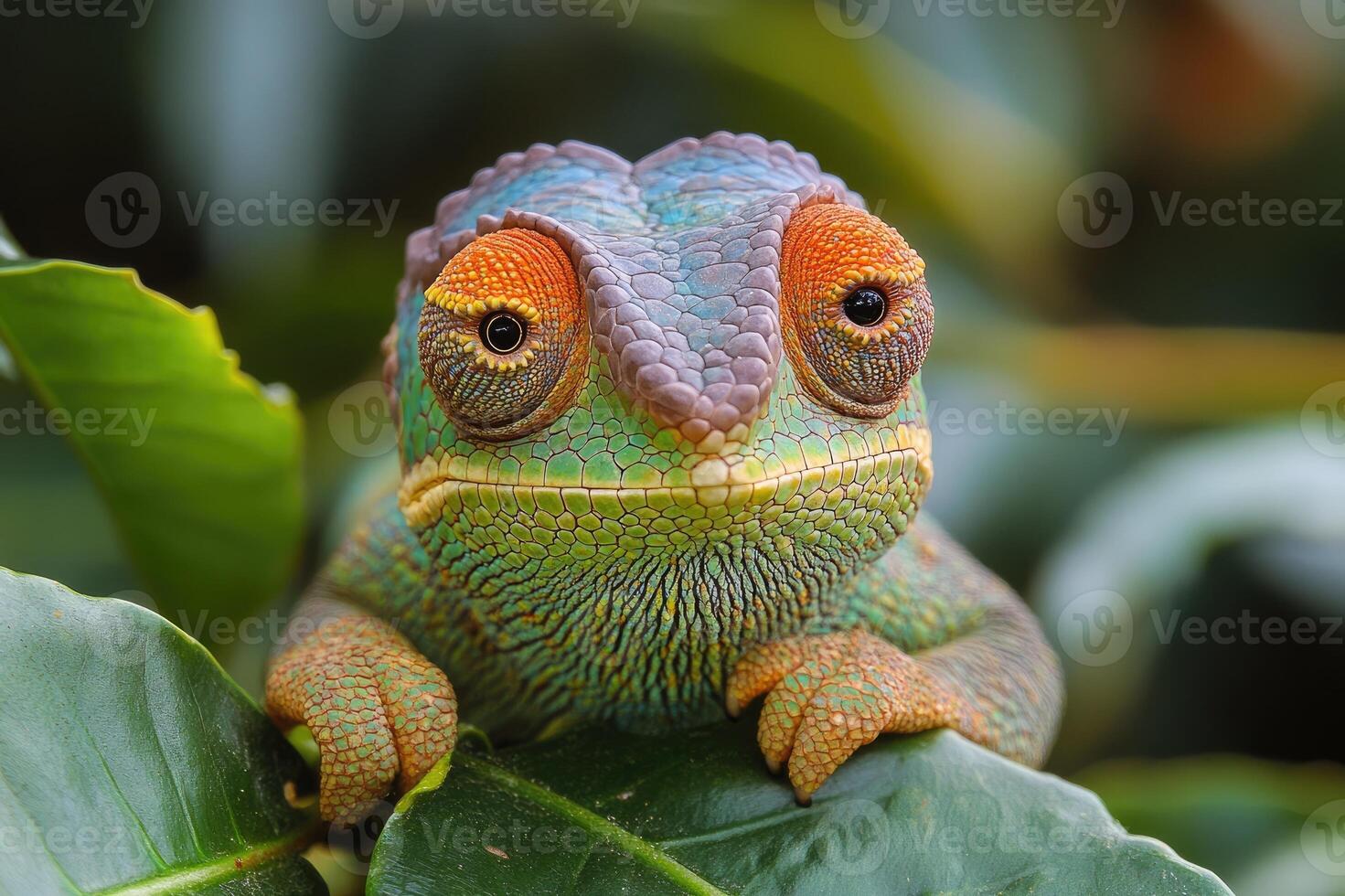 Colorful chameleon resting on a green leaf in nature. photo