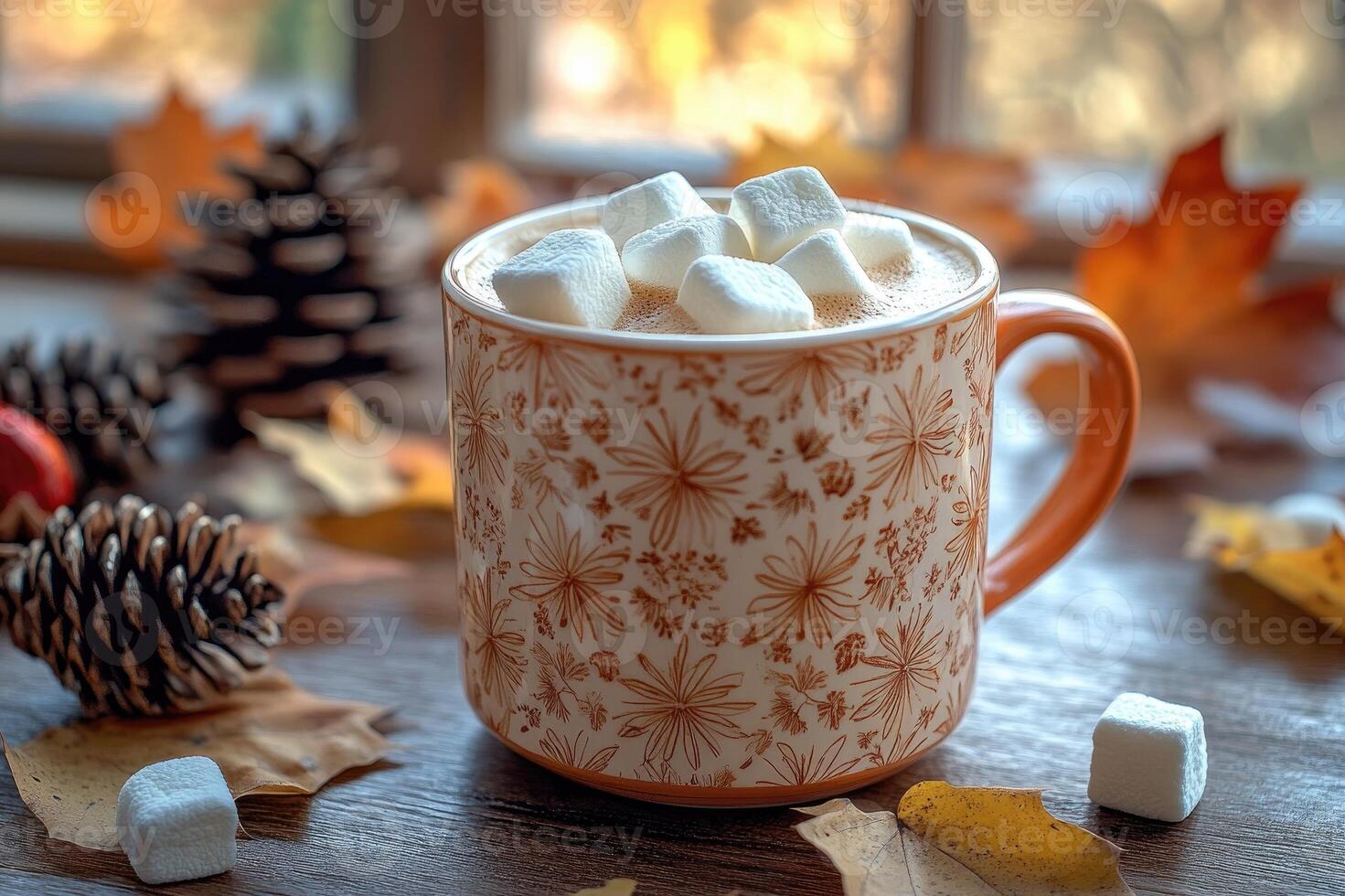 Steaming cup of hot chocolate with marshmallows on an autumn day photo