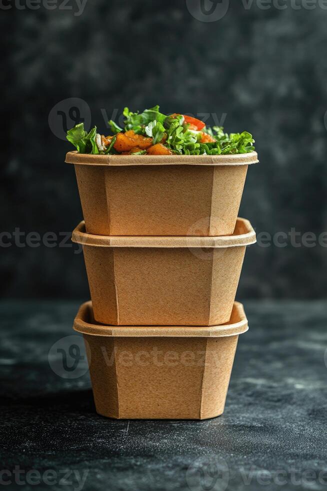 Stacked biodegradable cups with fresh salad inside them photo