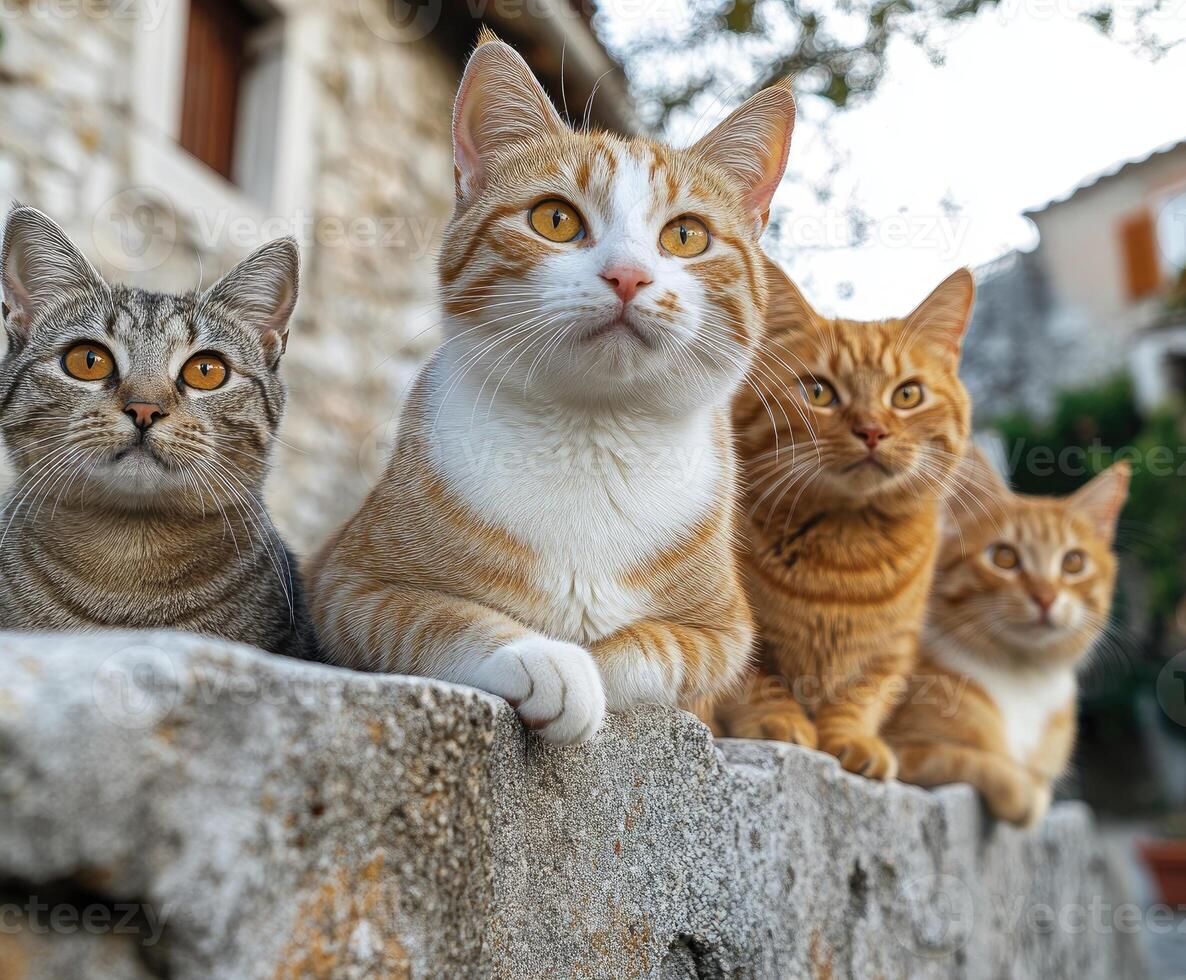 Ginger cats posing on a blue ledge photo