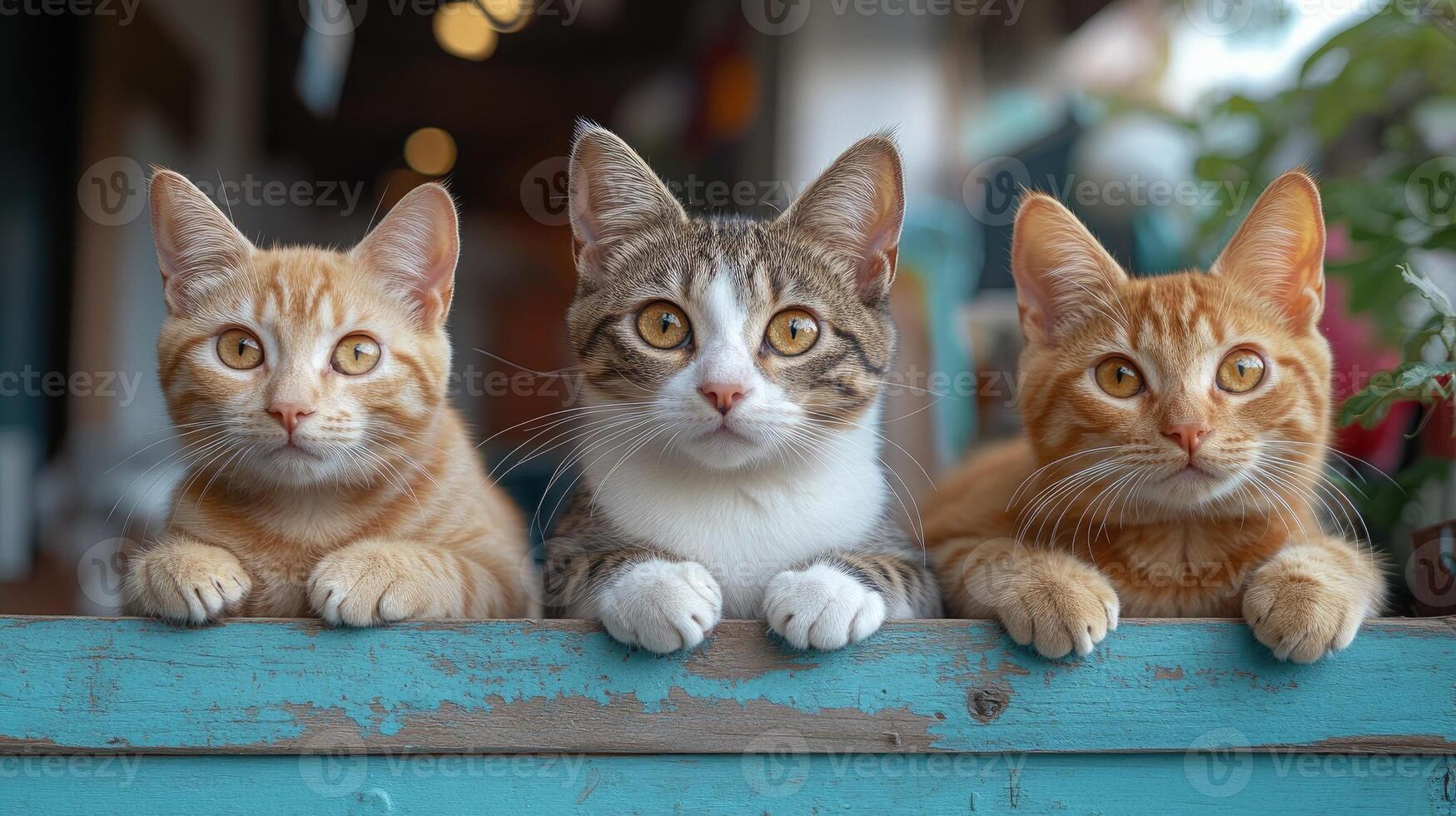 Three cats relaxing on stone wall in summer photo