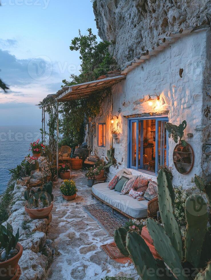 Charming sunset view from a cozy Greek island home photo