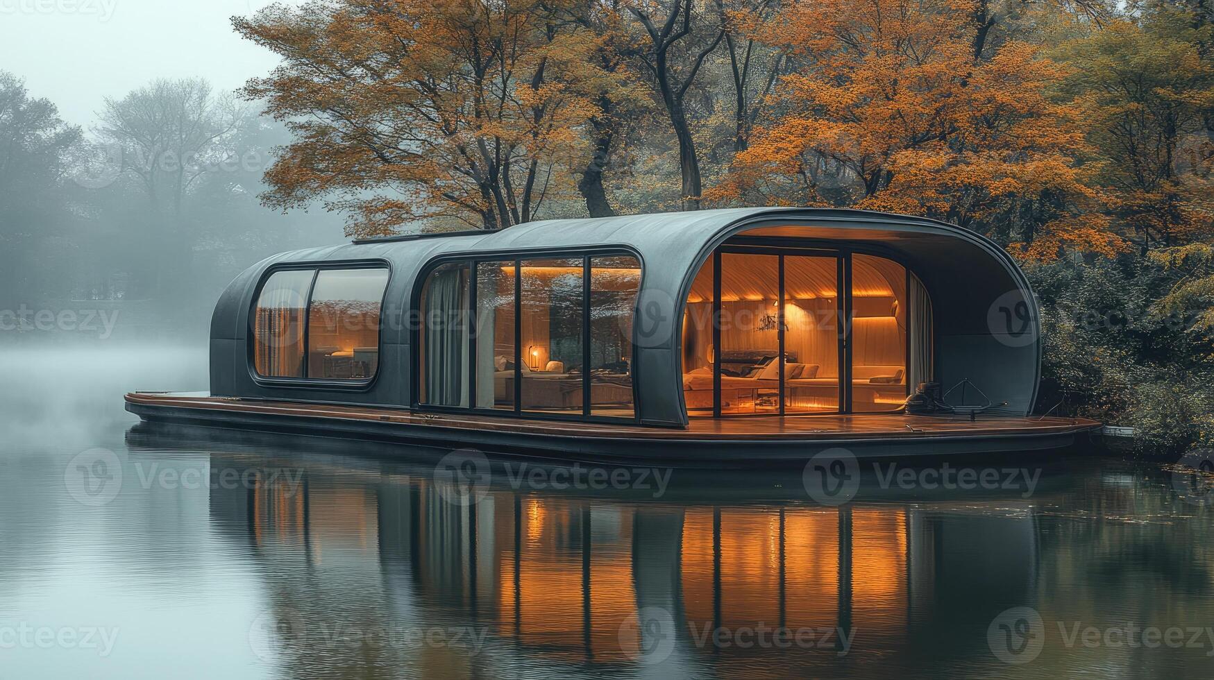Futuristic oval house floating on water with lights illuminating windows at dusk photo