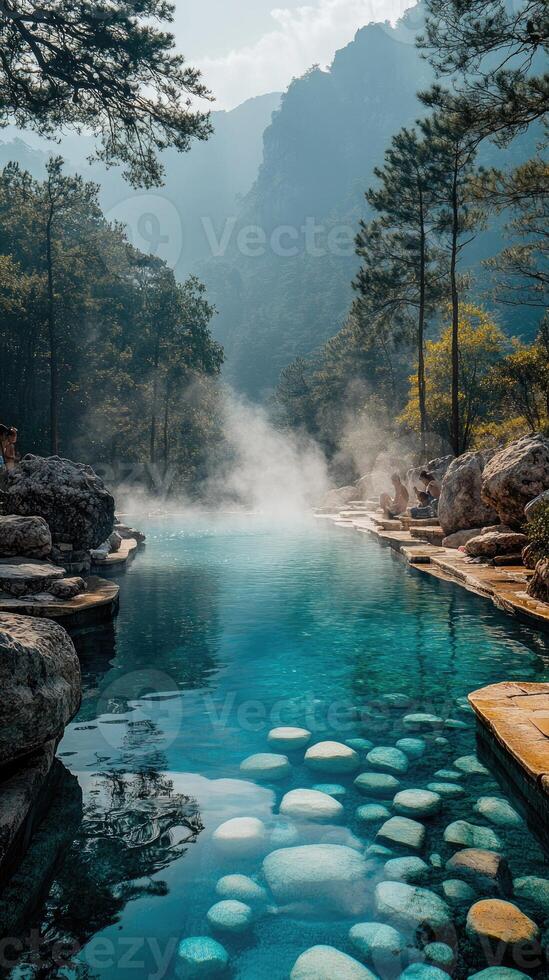 Hot spring water flowing through a luxurious spa in the mountains photo
