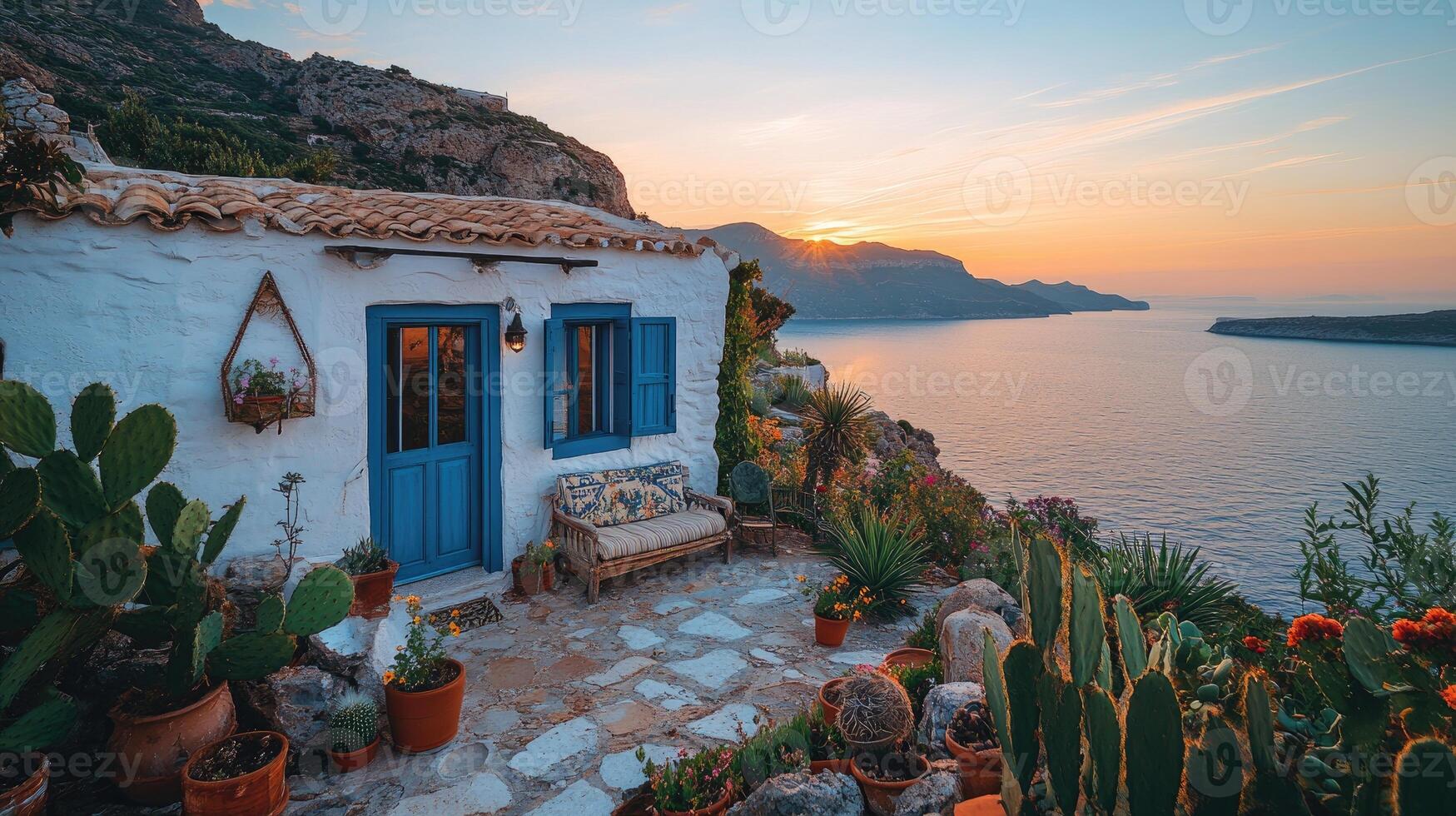 Charming sunset view from a cozy Greek island home photo