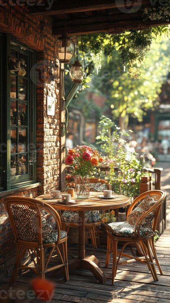 Empty table waiting for customers at a cozy outdoor cafe photo