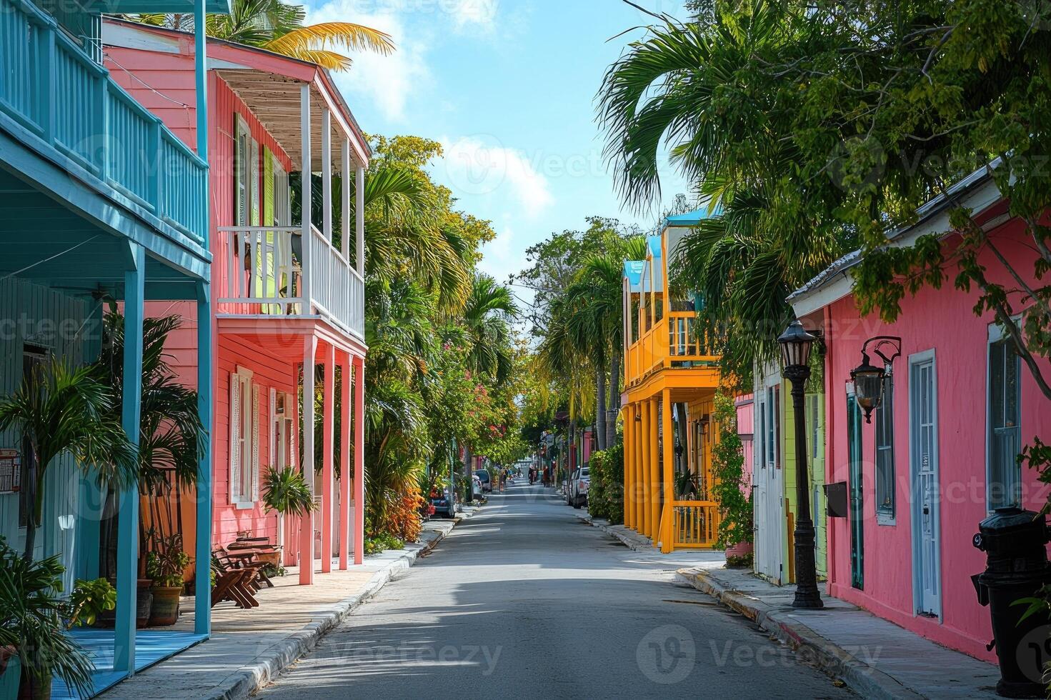 Colorful street with bright houses and lush greenery photo