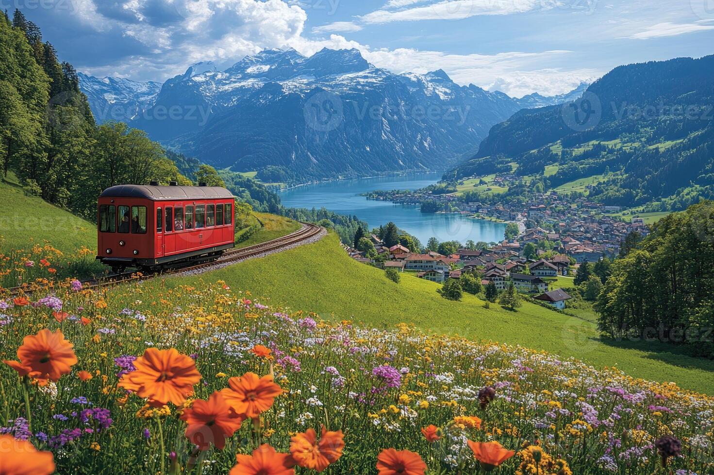 Colorful train in a picturesque valley with flowers. photo