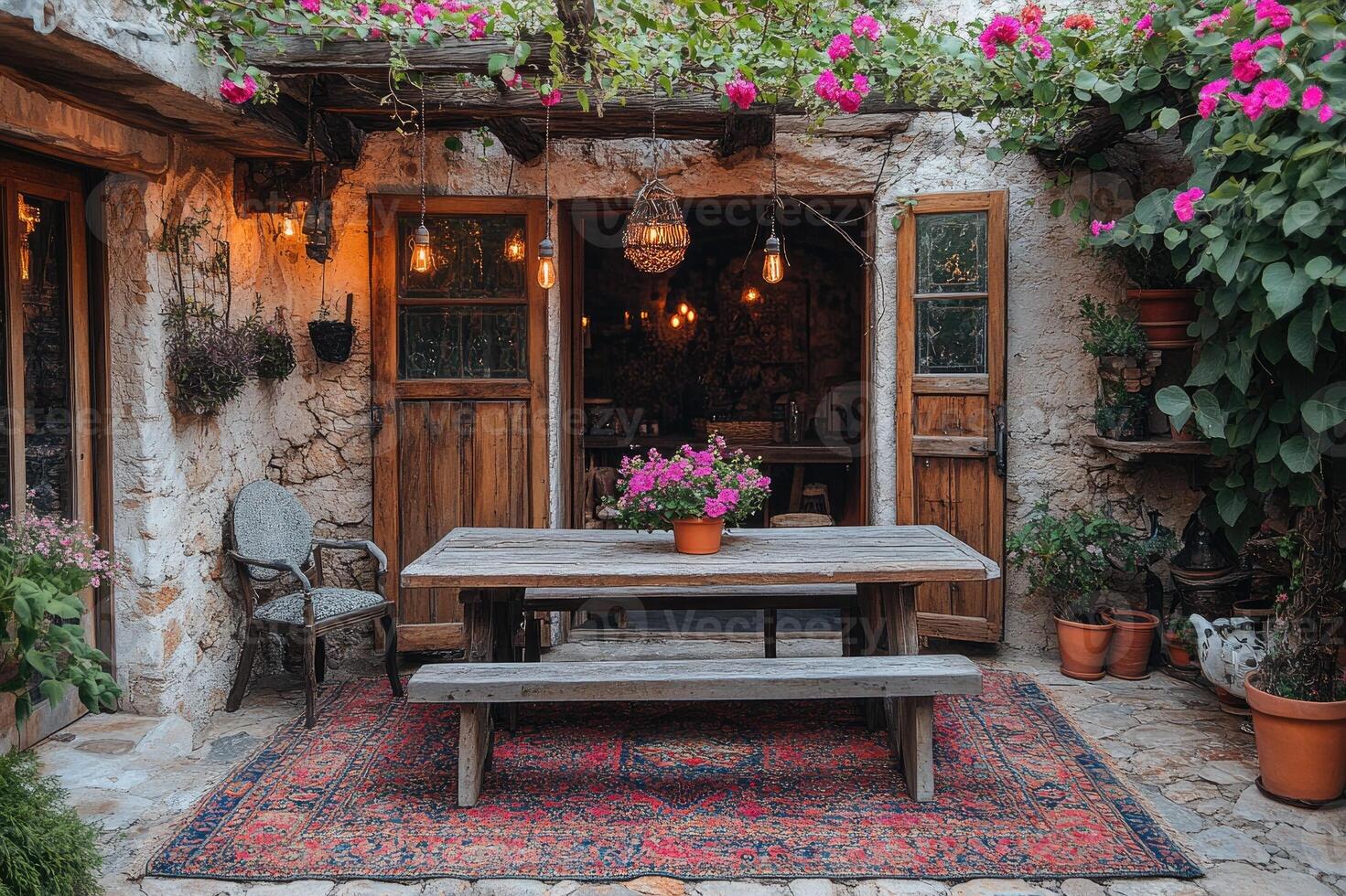 Cozy outdoor patio with wooden table and festive lights photo