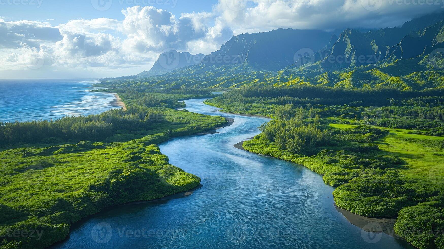 Scenic river flowing through lush green landscape at sunset photo