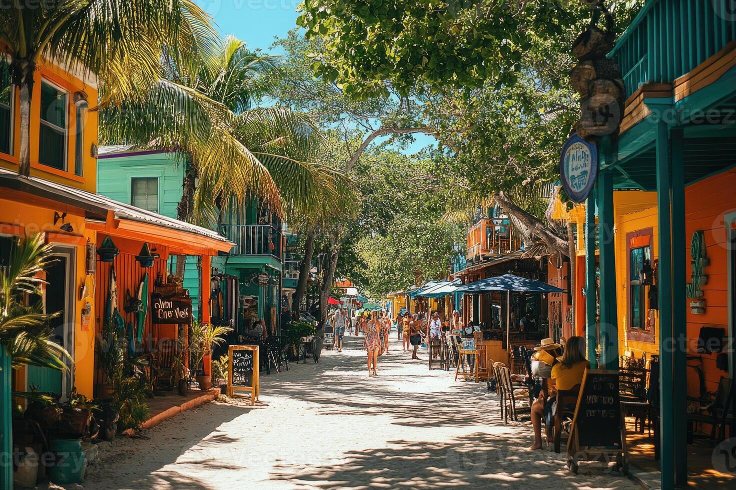 Colorful street with bright houses and lush greenery photo