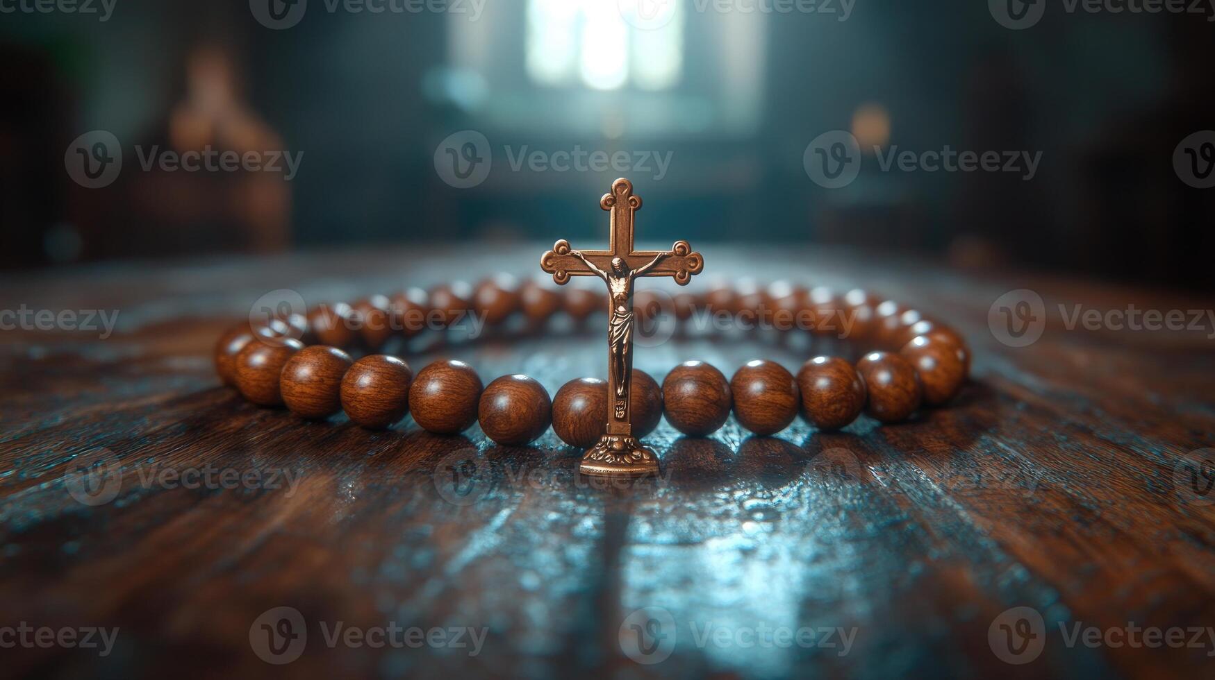 Wooden rosary beads with silver crucifix resting on tabletop photo