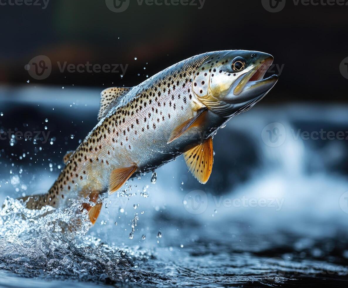 Brown trout fish jumping splashing water river wildlife nature photo