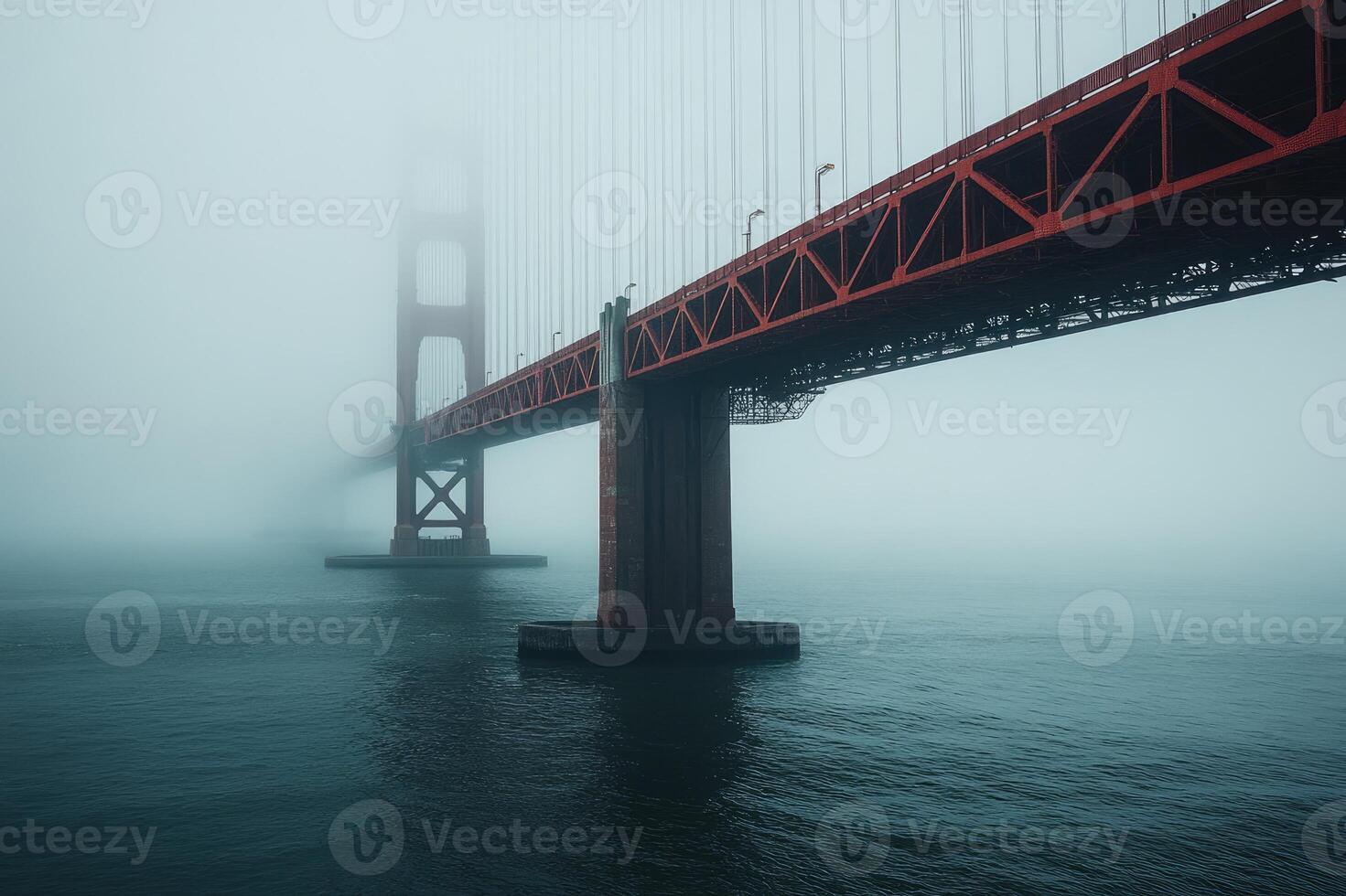 Golden gate bridge disappearing into fog over water photo