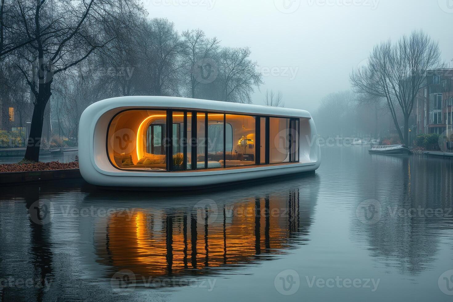 Modern houseboat floating on water with lights illuminating windows at night photo