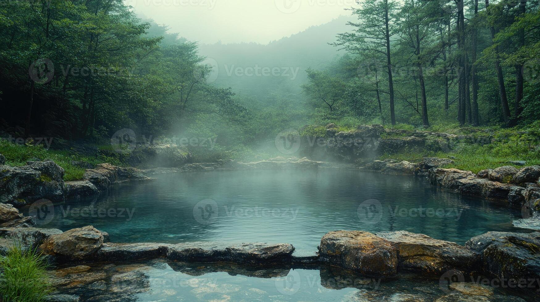 Crystal clear pond reflecting forest in foggy mountains photo