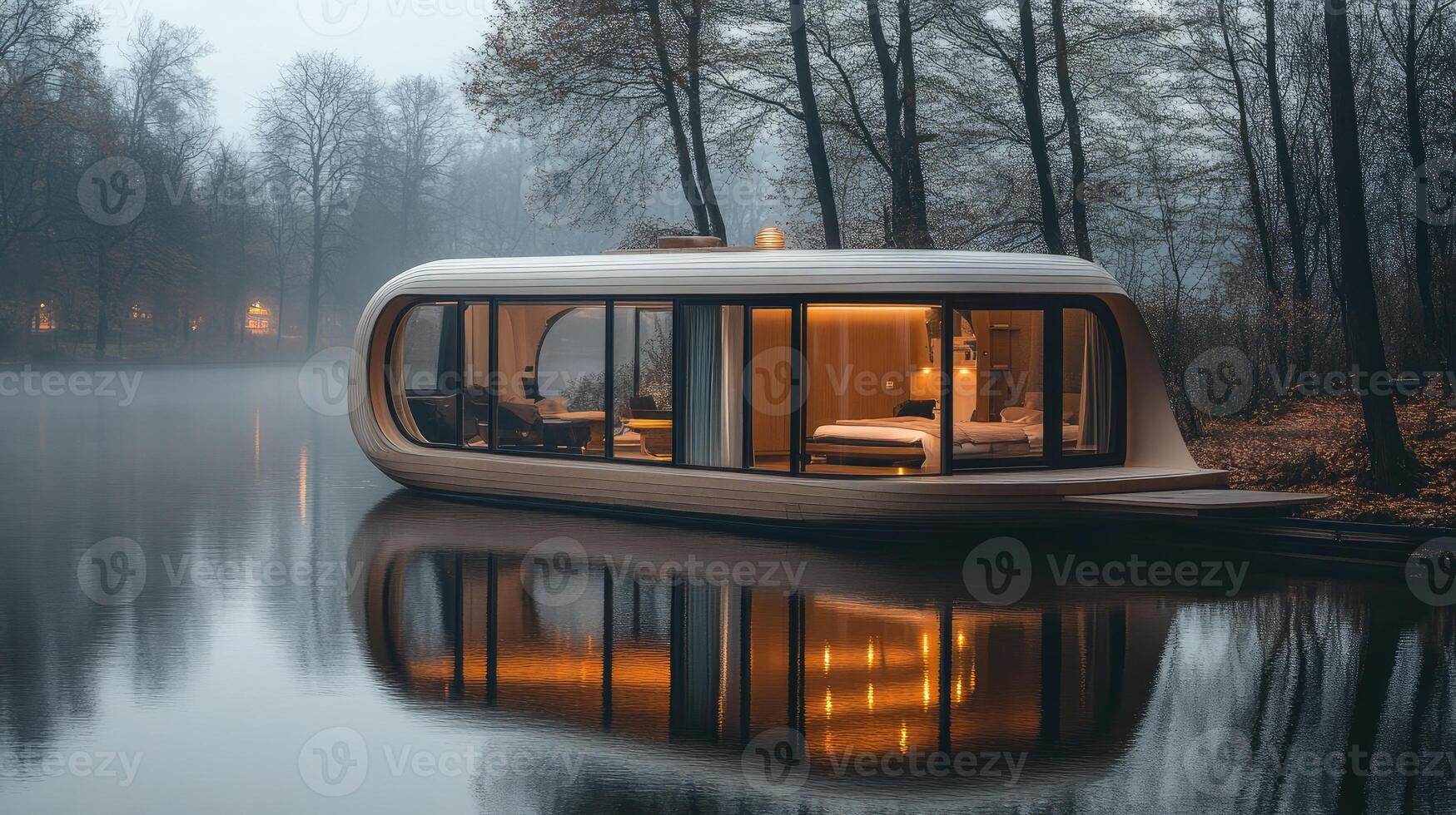 Futuristic oval house floating on water with lights illuminating windows at dusk photo