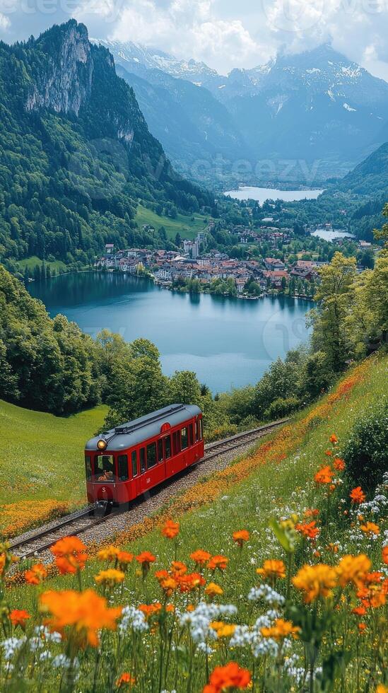 Colorful train in a picturesque valley with flowers. photo