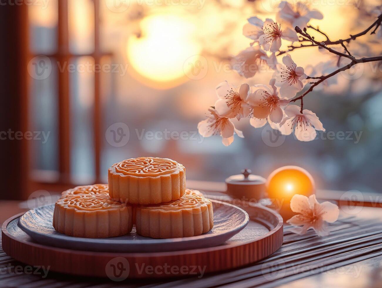 Tranquil scene with mooncakes and cherry blossom branch. photo