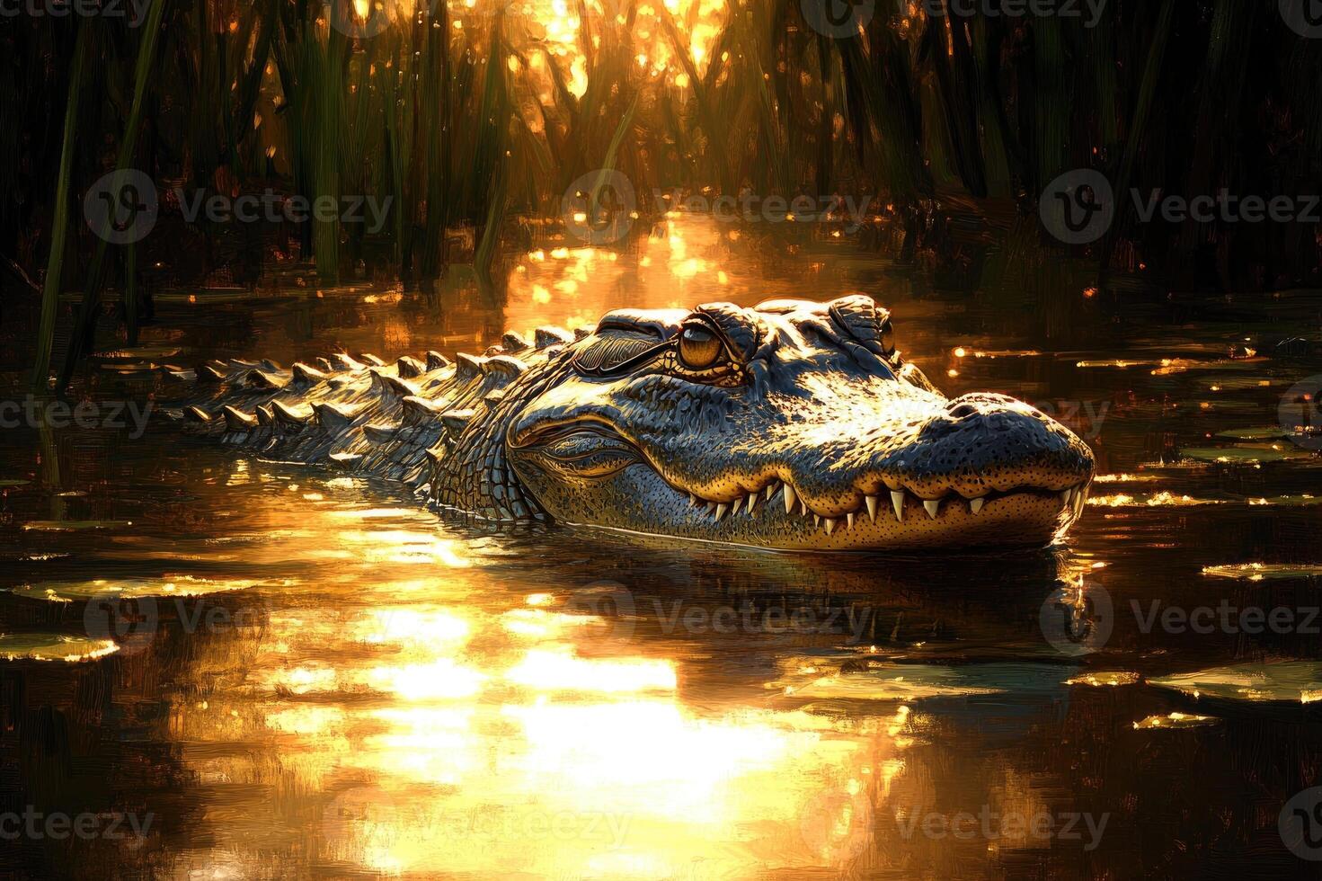 American alligator resting in a swamp at sunset photo