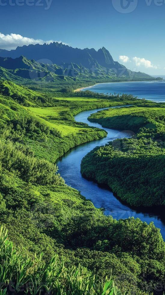Breathtaking view of a river flowing to the ocean through lush vegetation and mountains photo