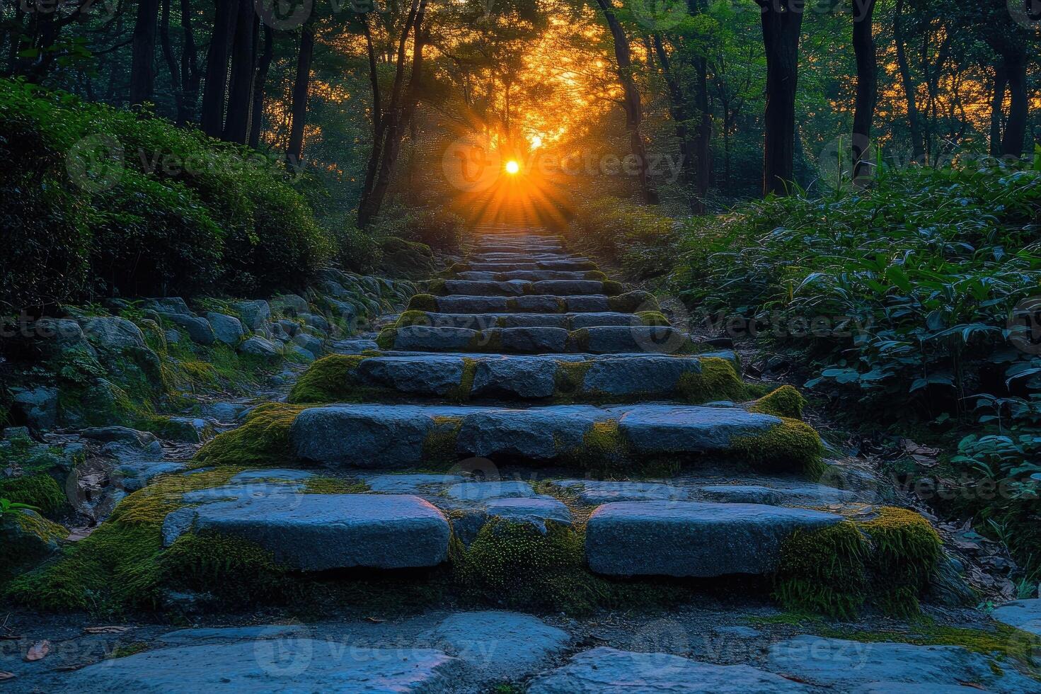 Stone steps leading to sunset light through forest trees photo