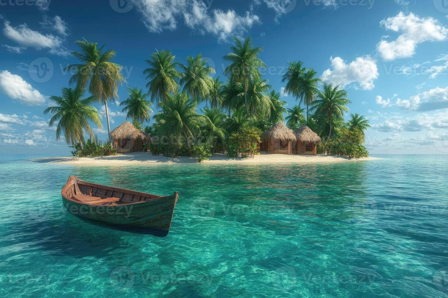 Small wooden boat floating in ocean near tropical island with bungalow photo
