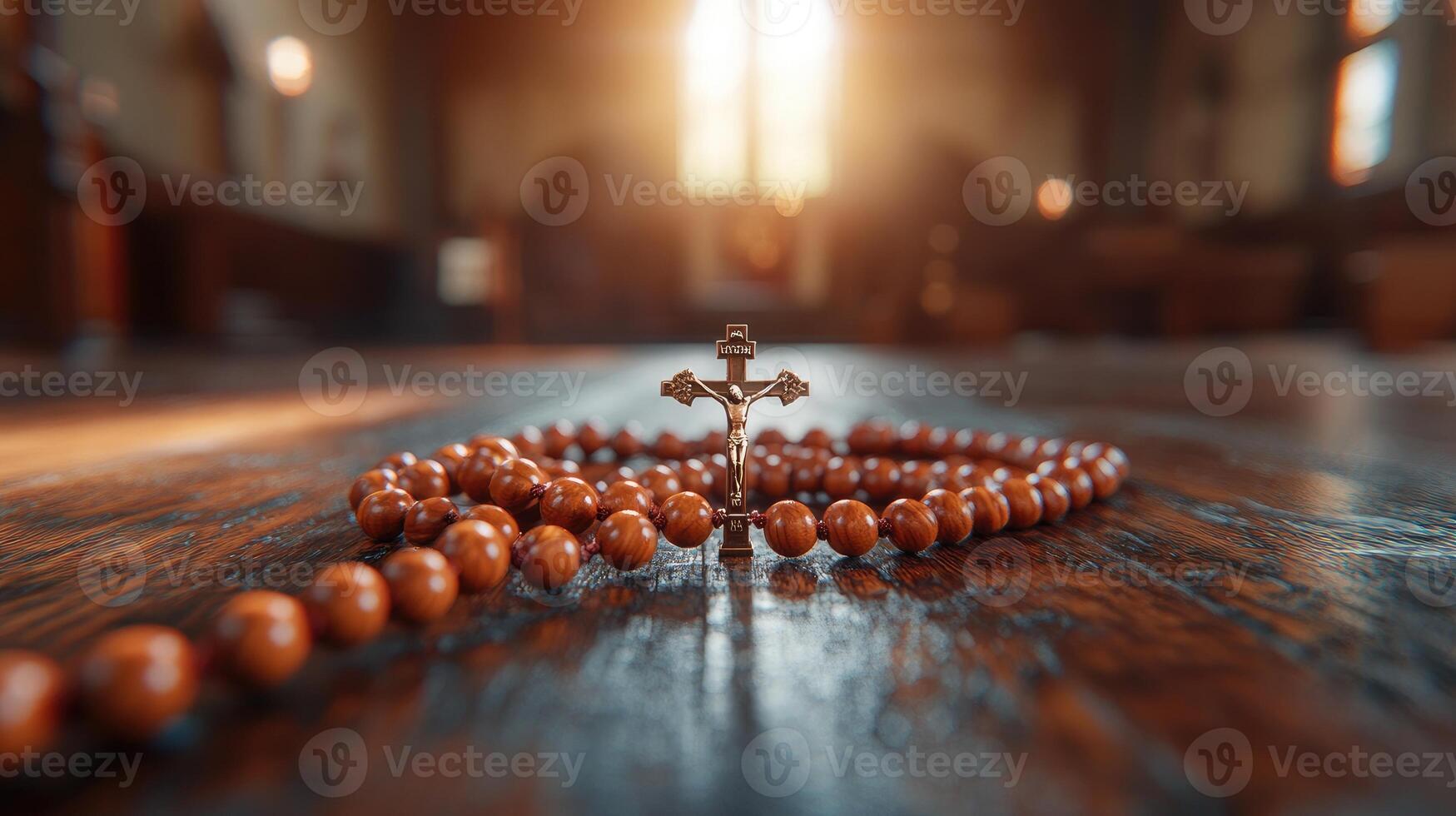 Wooden rosary beads with silver crucifix resting on tabletop photo