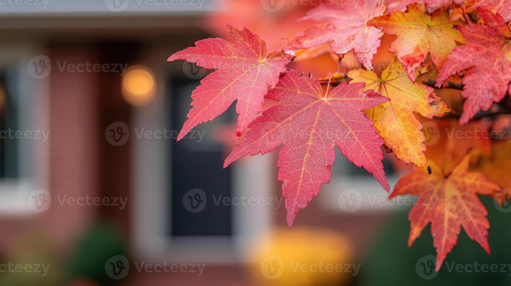 Red maple leaves changing color in autumn with house in background photo