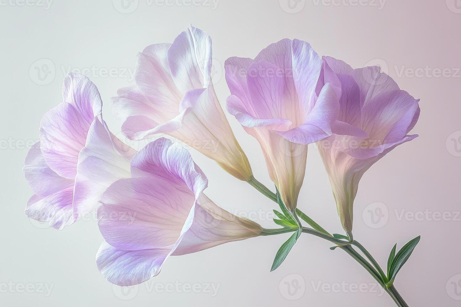 Five eustoma flowers are blooming on a pastel background photo