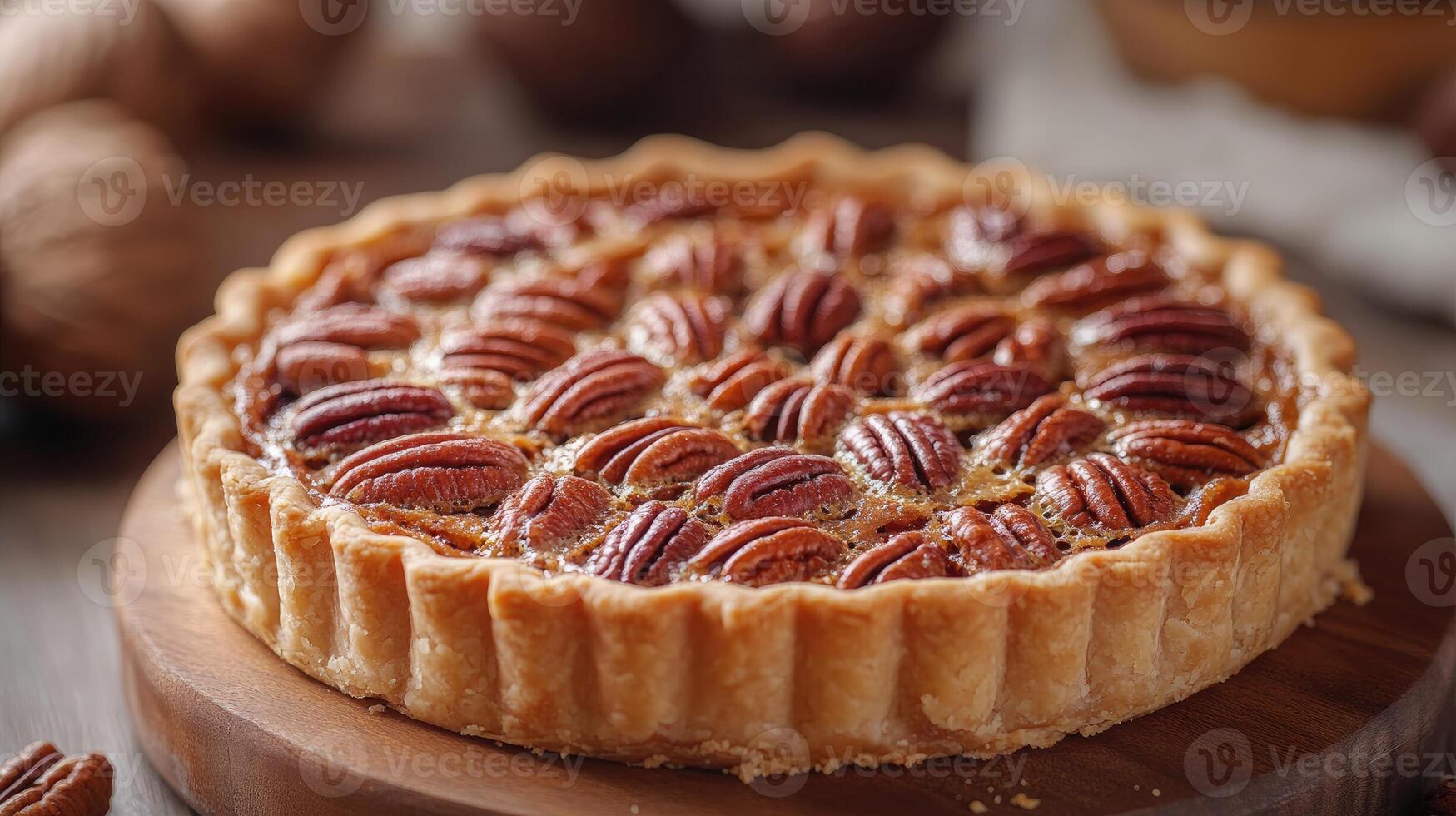 Delicious pecan pie resting on wooden plate photo