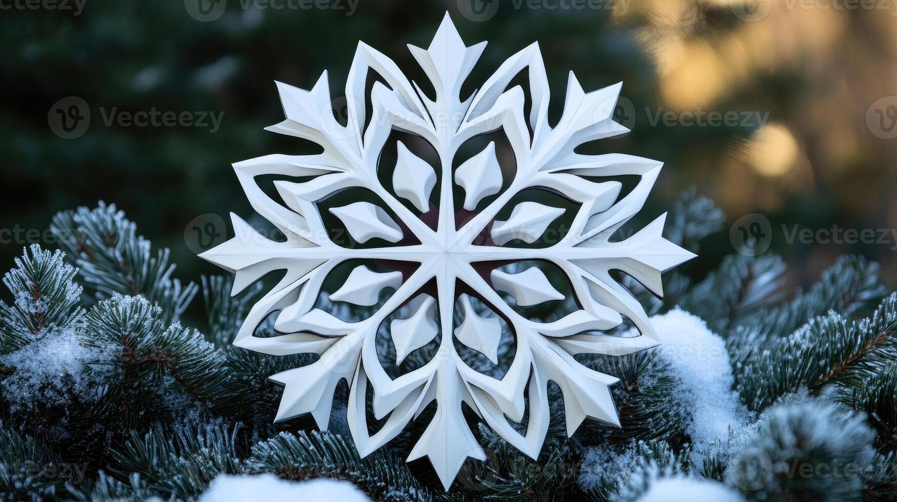 White christmas ornament hanging on a christmas tree with red baubles photo
