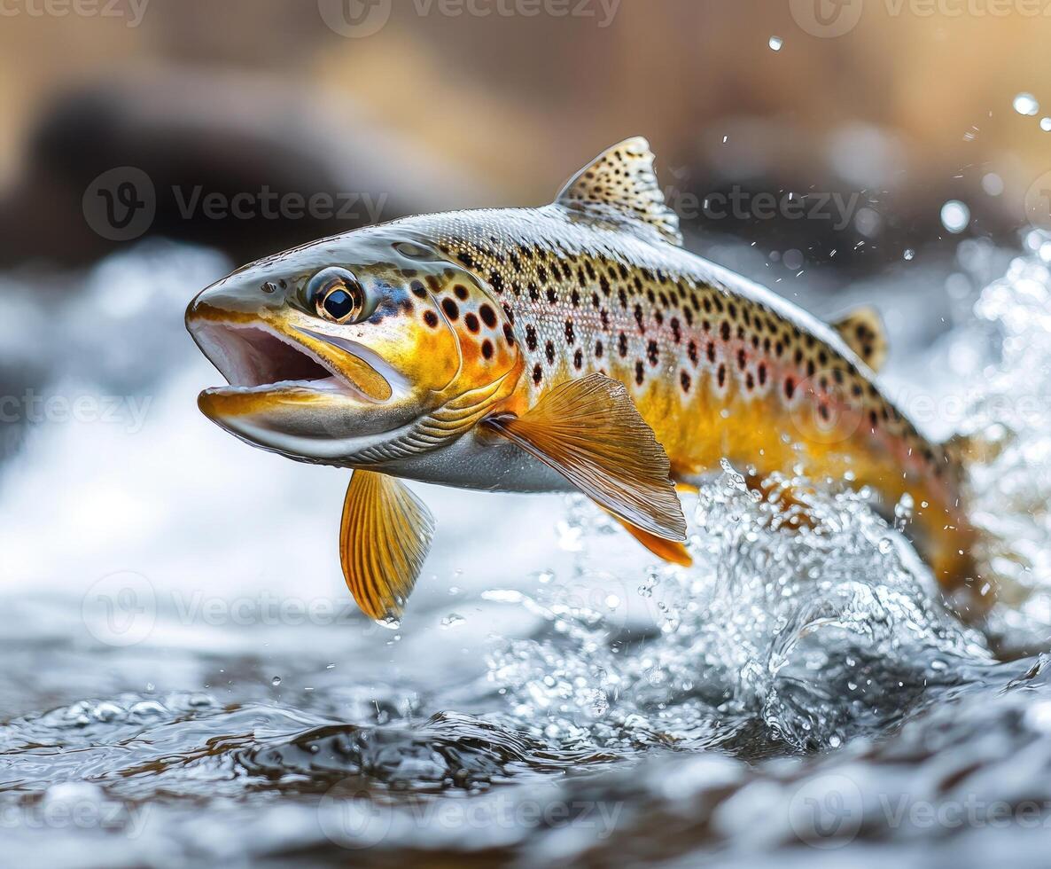 Brown trout fish jumping splashing water river wildlife nature photo