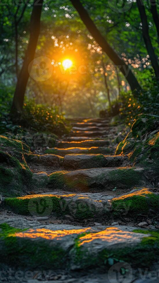 Stone steps leading to sunset light through forest trees photo