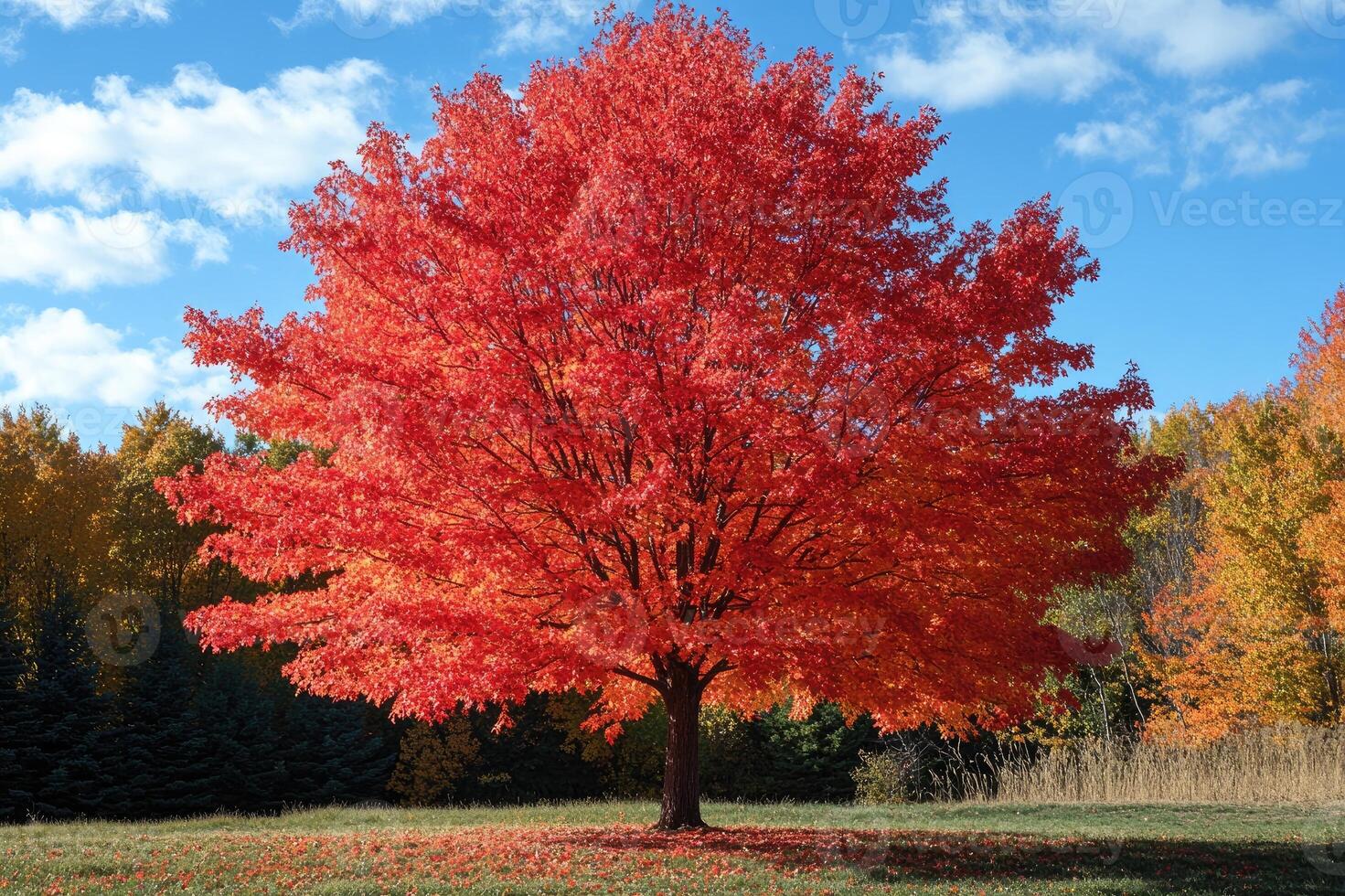 Bright red maple tree standing in a field in autumn photo