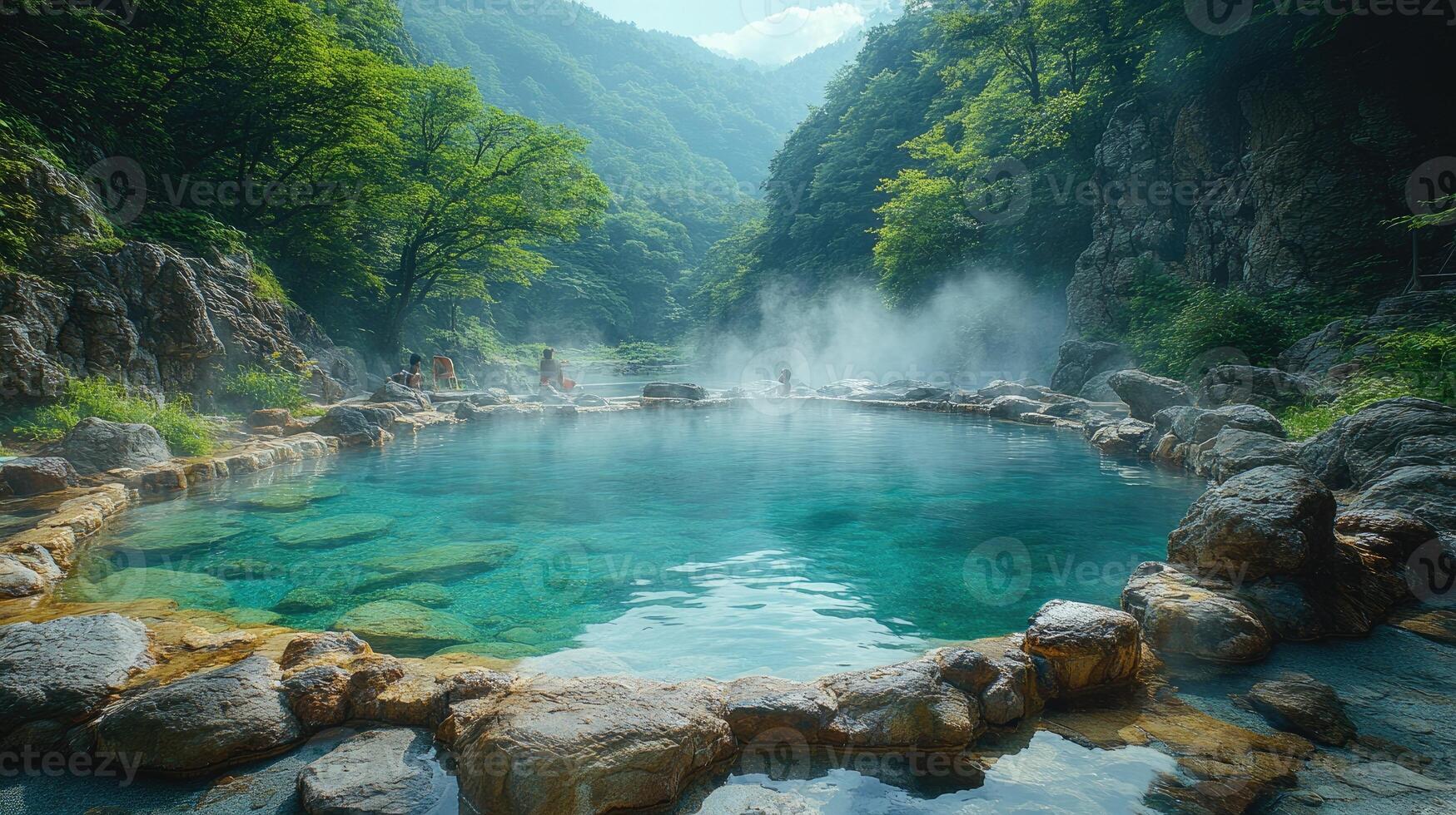 People relaxing in hot spring surrounded by mountain landscape photo