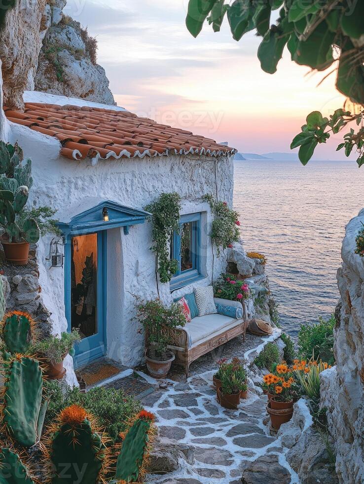 Charming sunset view from a cozy Greek island home photo
