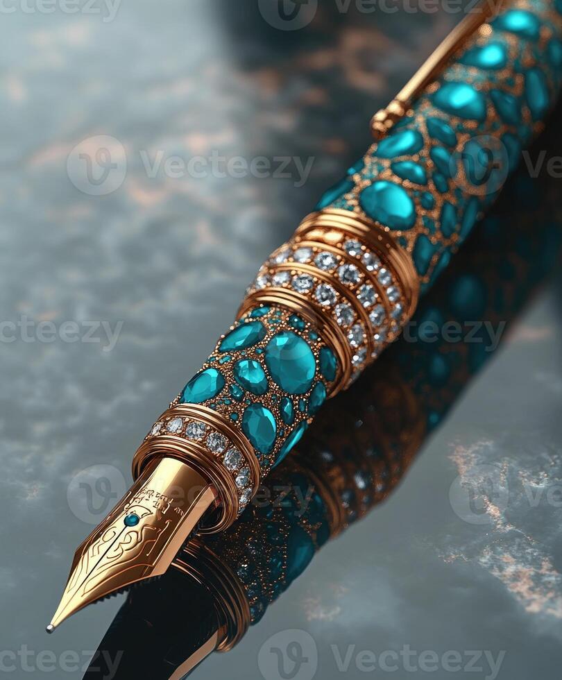 Luxury fountain pen with gold and diamonds lying on reflective surface photo