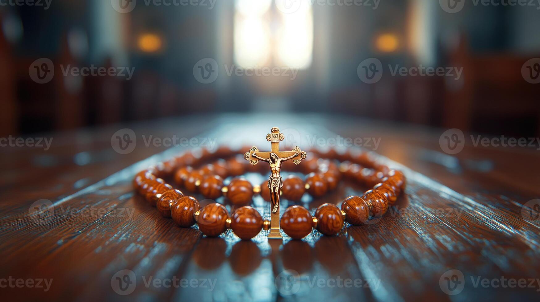 Wooden rosary beads with silver crucifix resting on tabletop photo