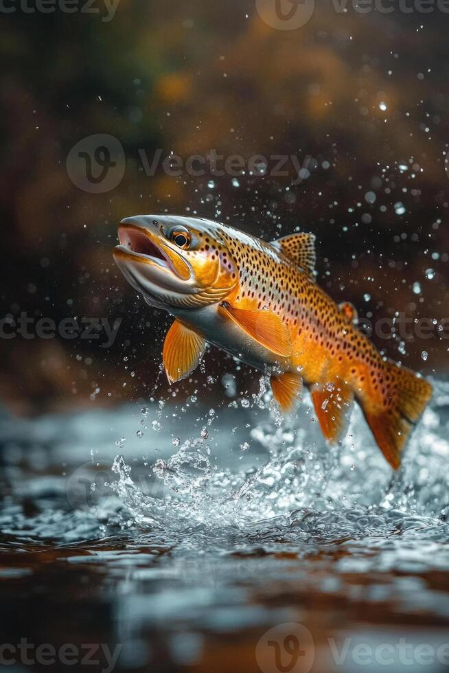 Brown trout fish jumping splashing water river wildlife nature photo
